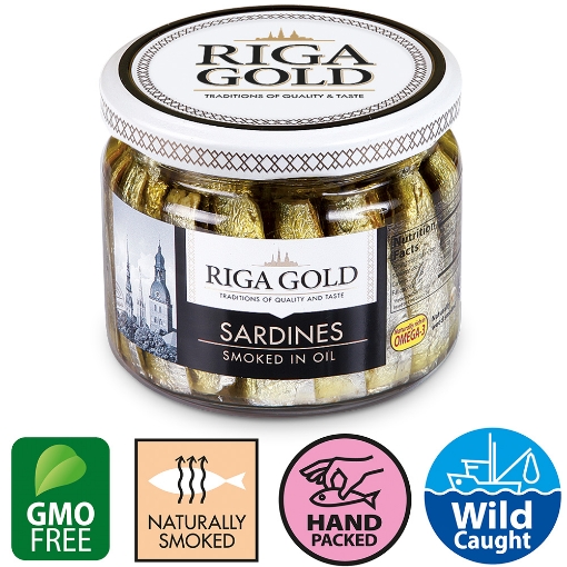 Picture of Sardines Smoked in oil 270g Riga Gold, 12 glass jars per case 