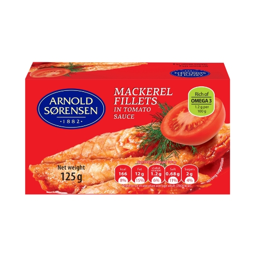 Picture of Mackerel Fillets in Tomato Sauce Arnold Sorensen 125g, 45 cans per case