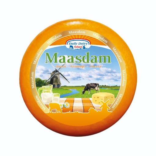  Dutch Maasdam Cheese by Daily Dairy with characteristic holes and yellow rind