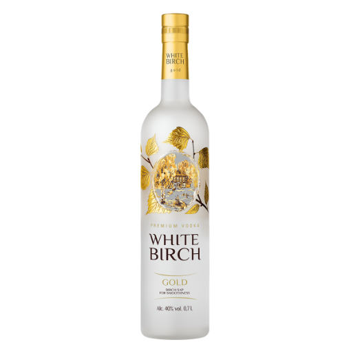 White Birch Gold 700ml premium vodka bottle with gold birch leaves and patented lens detail.