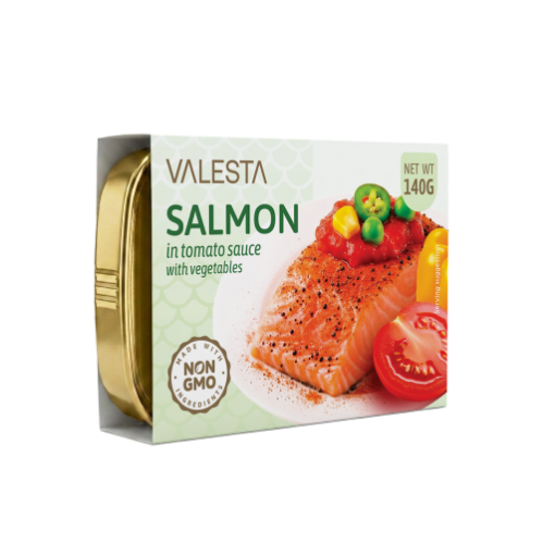 Picture of Salmon with Vegetables in Tomato Sauce VALESTA 140g, 10 cans per box